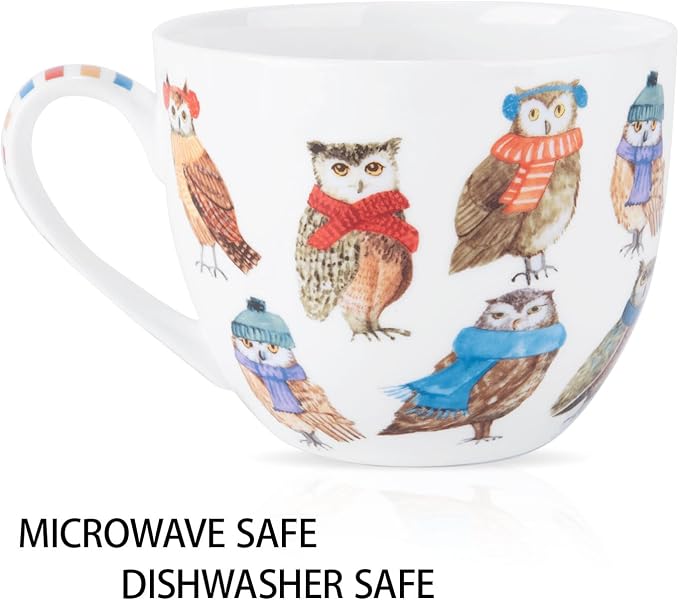 Cute Autumn Owls Coffee Mug, 20 oz Bone China Mugs with Charming Owls in Color Scarves and Hats, Perfect Brithday and Christmas Gift for Bird Enthusiasts, Designed in England by Harvest Green Studio - Image 4