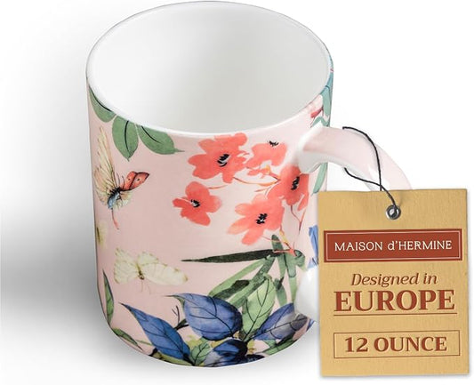Maison d' Hermine Coffee Mug with Handles Tea Cups (12 Ounce, Pack of 1) | Fine Bone China Coffee Mugs for Hot Beverages Cappuccino Latte Home Restaurant Hotel Spring Summer -Canne - Fargesia by MaisondHermine