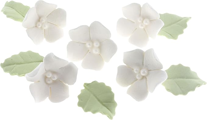 Global Sugar Art 24-Count Mini White Edible Flowers Cake Decorations | White sugar flowers for cake decorating, mini edible flowers cake decorations, white flower cupcake toppers, gumpaste leaves by GlobalSugarArt