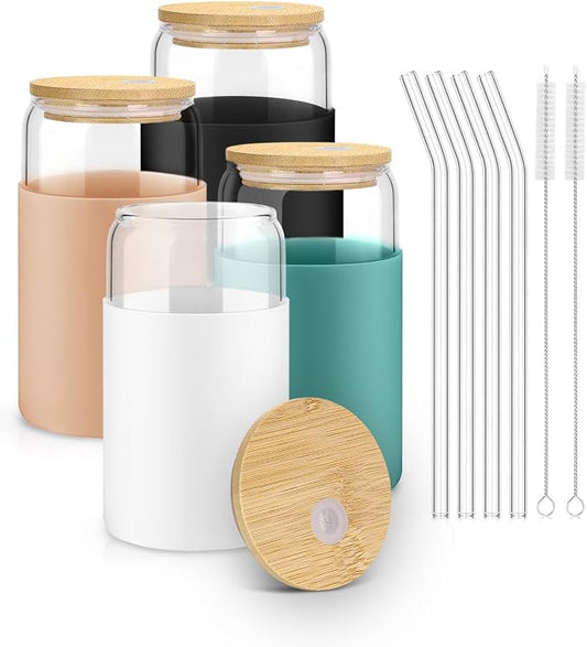 sungwoo Glass Cups with Lids and Straws, 4 Pack 16OZ Iced Coffee Cups with Silicone Sleeve, Glass Tumbler with Straw and Bamboo Lid, Home Essential Drinking Set for Juice, Cocktail and Latte 4 Colors by sungwoo