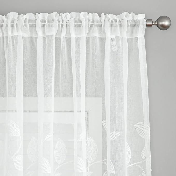 Semi-Sheer Elegant Embroidered Solid White Rod Pocket Window Curtains/Drape/Panels/Treatment 42 x 63,Two Panels | Soft Airy Texture, Soft Daylight Glow, Rod Pocket Design, for Living and Dining Room - Image 2