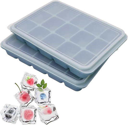 2 Pcs Easy Release Ice Cube Trays, Blue Flexible Silicone Ice Cube Molds Removable Lid Stackable for Whiskey, Beverages, Baby Food (15 cubes 0.7oz)