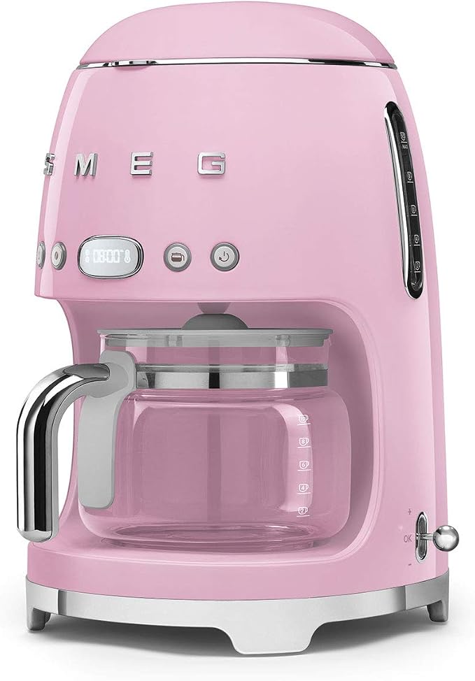 Smeg 50's Retro Style Aesthetic Drip Coffee Machine with 10 Cup Glass Carafe, Auto Start Feature, Keep Warm Plate, and Two Coffee Strength Settings (Pink) - Image 2