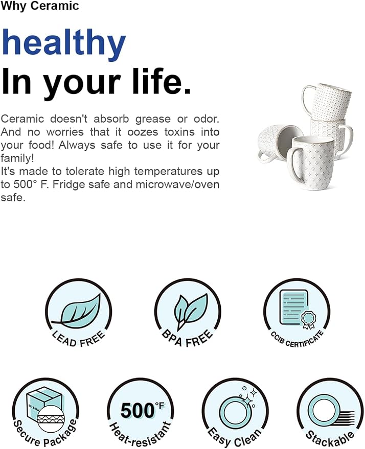 LE TAUCI Coffee Mugs 12 oz, Ceramic Mug Set Set of 4, Embossment Cups for Espresso, Latte, Tea, Cocoa, Cappuccino & Mocha, Dishwasher Oven Microwave Safe - 3.4 inch, Arctic White - Image 9