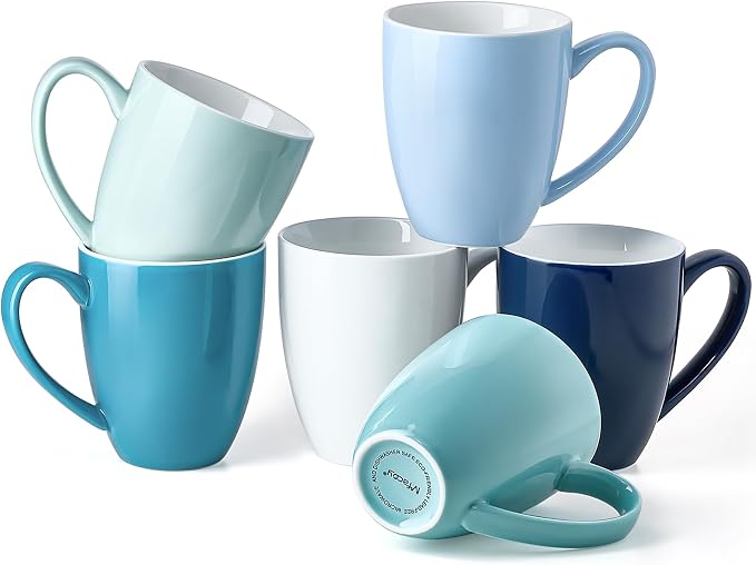 Porcelain Coffee Mugs Set of 6, 13 Ounce Coffee Cups with Handle, Ceramic Tea Mugs for Latte, Hot Tea, Cappuccino, Mocha, Cocoa, Blue Assorted Colors Mug Gift Set, Dishwasher and Microwave Safe by Mfacoyisalifestylebrand