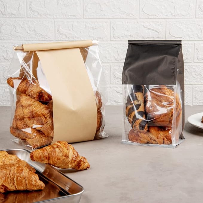 Bag Tek 5.1 x 4.1 x 11.2 Inch Tin Tie Bags With Windows, 100 Resealable Bakery Bags With Windows - Flat Bottom, For Cookies or Coffee Beans, Black Cotton Paper Tin Tie Bags - Restaurantware - Image 4