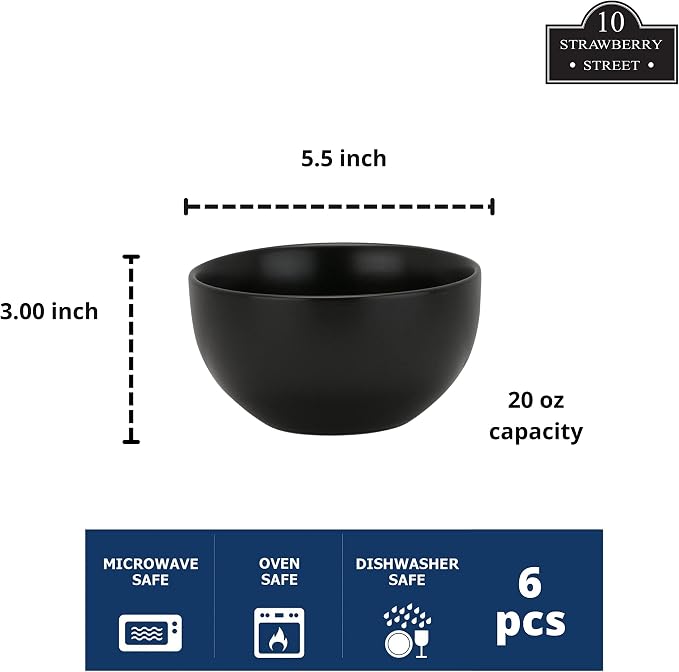 10 Strawberry Street Wazee Matte 5.5"/16oz Cereal Bowl, Set of 6, Black - Image 2