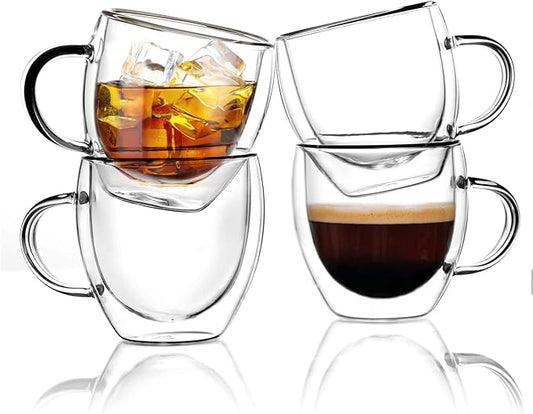 KitchenTour Insulated Coffee Mug 6 oz- Double Wall Glass Coffee Cup with Handle Set of 4 - Clear Glass Drinkware for Espresso，Cappuccino, Latte，Hot Beverages