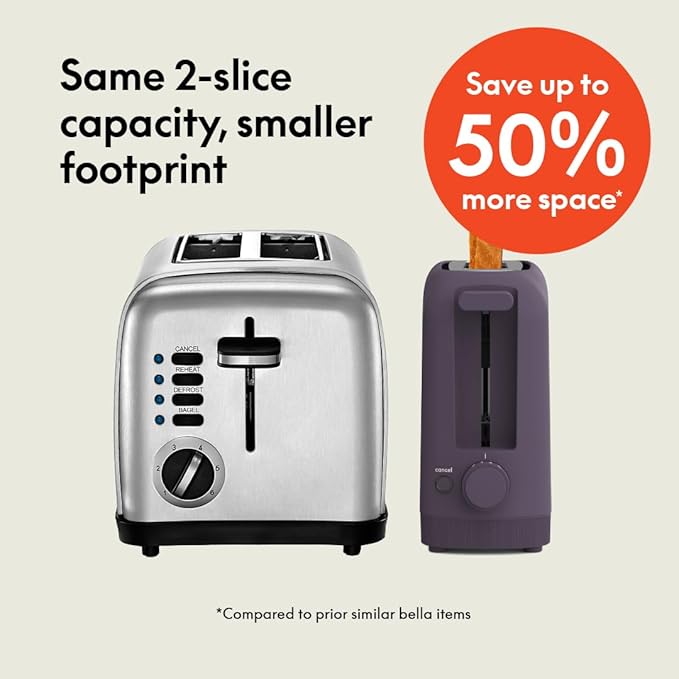 bella 2 Slice Slim Toaster, Fits-anywhere™ Kitchenware, 6 Setting Shade Control with Reheat & Cancel Buttons, Fits sourdough, 10” Long Slot, Anti Jam & Auto Shutoff, 900 Watt, Plum - Image 2