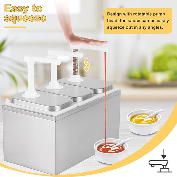 6L Sauce Dispenser Pump Stainless Steel Condiment Pump Station Condiment Pump Dispenser with 3 of 2.1 Quart Jars