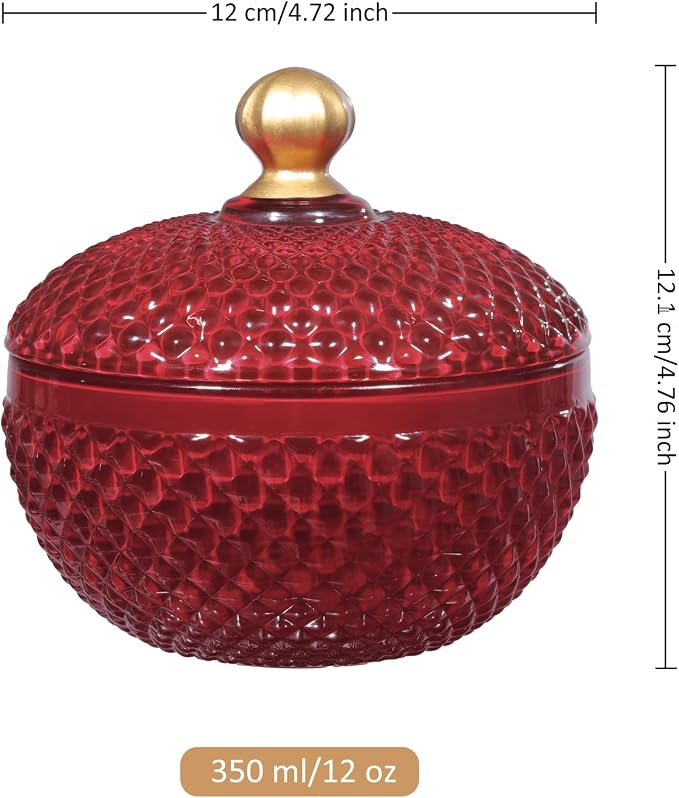 Joeyan 12 oz Small Red Glass Jewelry Box Jars with Lid,Embossed Glass Candy Dishes,Diamond Faceted Food Container,Decorative Apothecary Canisters,Colored Kitchen Bathroom Buffet Storage Organizer - Image 7