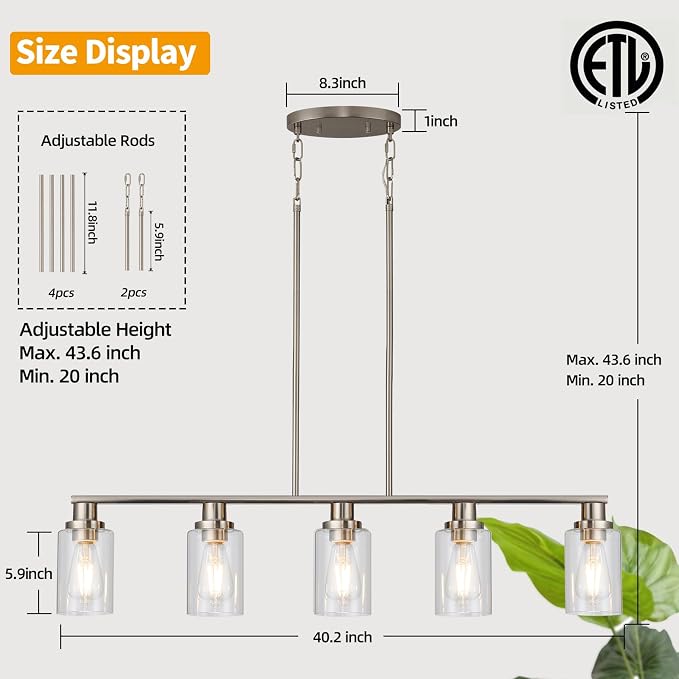 Kitchen Island Pendant Lighting, 5-Light Farmhouse Dining Room Light Fixture Over Table, Brushed Nickel Finish with Clear Glass Shade, Rustic Industrial Linear Chandelier for Kitchen Island - Image 4