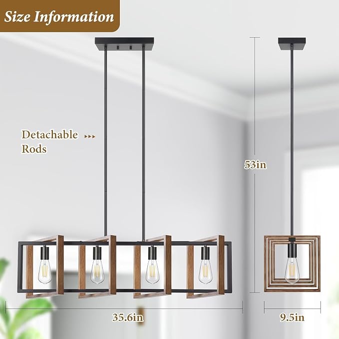 4 Lights Dining Room Light Fixture, Farmhouse Kitchen Island Lighting Wood and Black Metal Rectangular Hanging Chandelier for Ceiling Living Room, Modern Rustic Pendant Lighting Fixture Over Table - Image 6