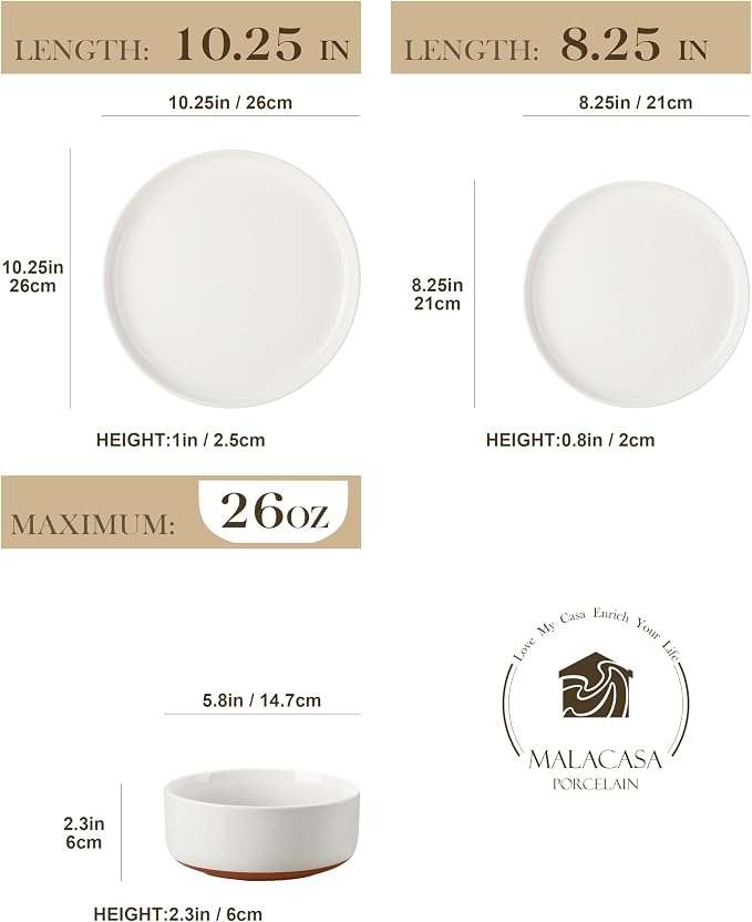 MALACASA Plates and Bowls Sets, 18 Pieces Modern Ceramic Dinnerware Set for 6 Kitchen Dinner Set Stoneware Dishware Dishes Set Microwave and Dishwasher Safe, White, Series TARA - Image 2