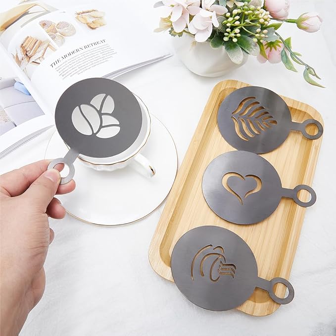 GORGECRAFT 4Pcs Coffee Decorating Stencils Coffee Cup Stencil Template Golden Coffee Latte Art Flat Round with Leaf Heart Cup Pattern Cappuccino Art Templates for Cup Cake Birthday Cake Coffee