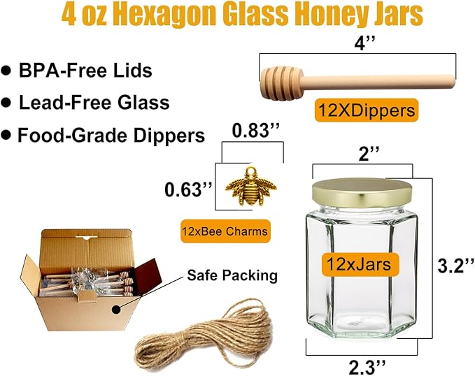 Adabocute 4oz Hexagonal Honey Jars - Glass Honey Jars with Gold Lids, Wooden Dippers, Bee Charms and Jutes - Hexagon Jars for Baby Shower, Wedding and Party Favors, 12 Pack - Image 2