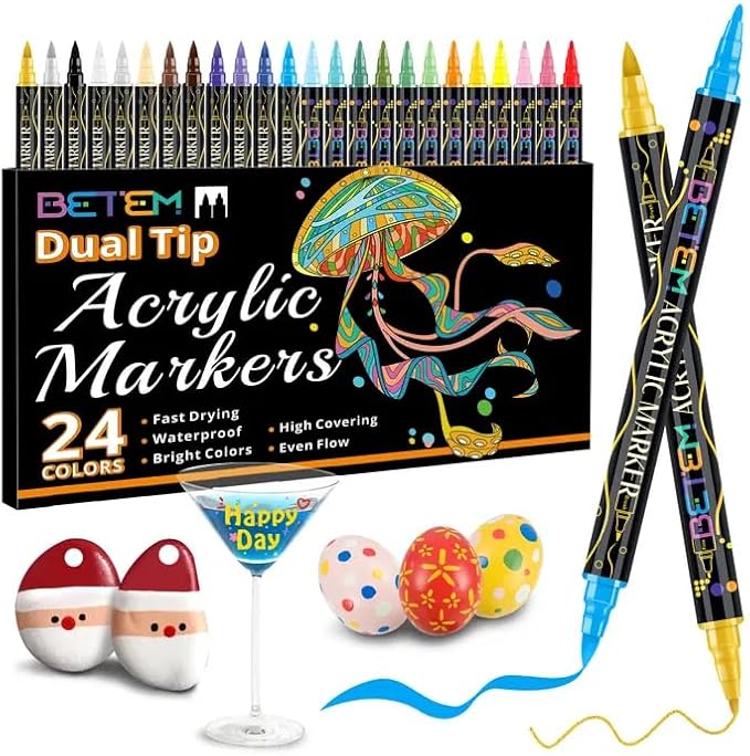 Betem Acrylic Paint Markers, Dual Tip 24 Colors Acrylic Paint Pens with Brush Tip and Fine Point, Art Supplies for Rock, Wood, Canvas, Stone, Glass, Ceramic, Rock Painting Christmas Gift