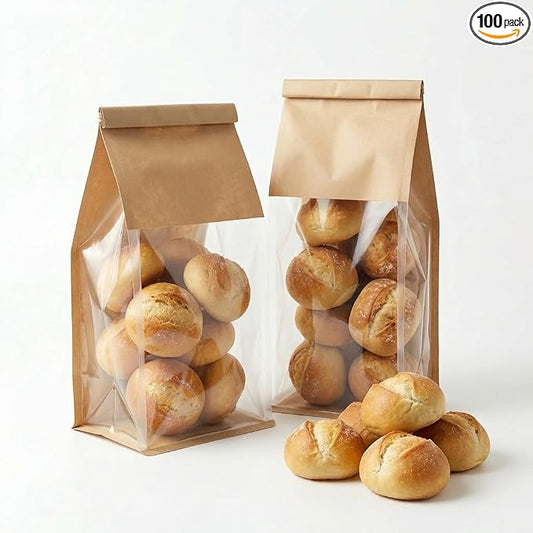 100 Pack Eco-Friendly Kraft Paper Bakery Bags with Clear Window, Reusable Tin Tie Tab Lock for Sealed Freshness, Baked Goods Packaging for Gifting and Bake Sale Extra small(3.9*9.4*3.5Inches) by Unknown