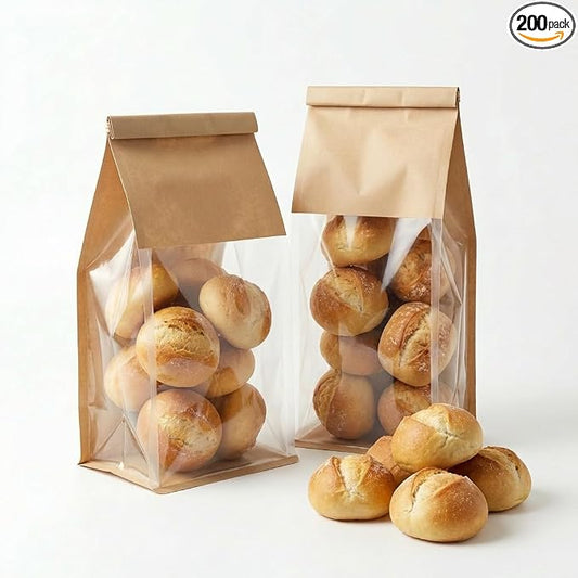 200 Pack Eco-Friendly Kraft Paper Bakery Bags with Clear Window, Reusable Tin Tie Tab Lock for Sealed Freshness, Baked Goods Packaging for Gifting and Bake Sale Extra small(3.9*9.4*3.5Inches) by Unknown