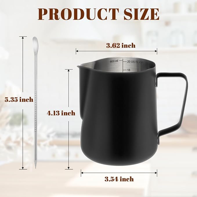 Amrules Milk Frothing Pitcher, 20oz Milk Frother Cup with Clear Scale, 304 Stainless Steel Cappuccino Espresso Machine Accessories for Barista Coffee Bar with Latte Art Pen, Black - Image 2