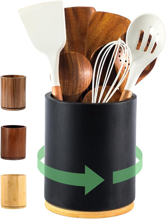 Black Utensil Holder, 360° Rotating 7.3 in Kitchen Organizer | Rustic farmhouse countertop decor. 360° rotating base holds spatulas, ladles, tongs, and cooking tools. Sleek black finish by Unknown