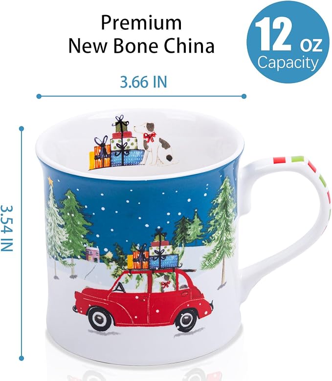 12 oz Christmas Car Coffee Mug, Festive New Bone China Mug with A Red Beetle in Snowy Winter Scene, Holiday Gift for Car Lovers, Kids & Family, Designed in England by Harvest Green Studio - Image 3