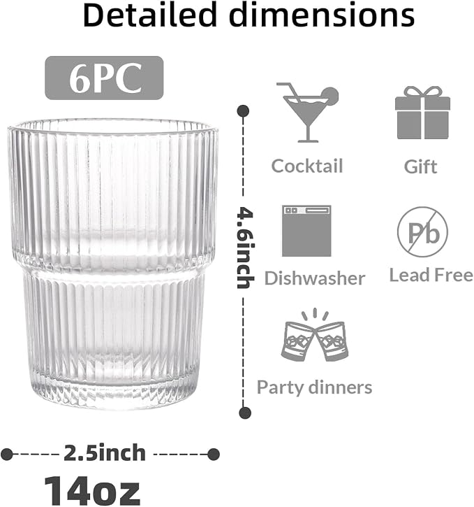 Set of 6 Cute Ribbed Glassware,14oz Vintage Clear Glass Tumbler, Origami Style, Fluted Design, Ideal for Water, Iced Coffee, Juice, Milk Tea, Latte, Housewarming Gift - Image 3
