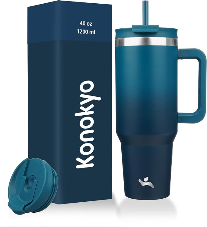 Konokyo 40 oz Insulated Tumbler Water Bottle with Handle, Straw Lid | BPA-free and dishwasher safe; made for gym, travel, coffee and gifting, 2 straws, cup holder friendly,Indigo Black by Konokyo