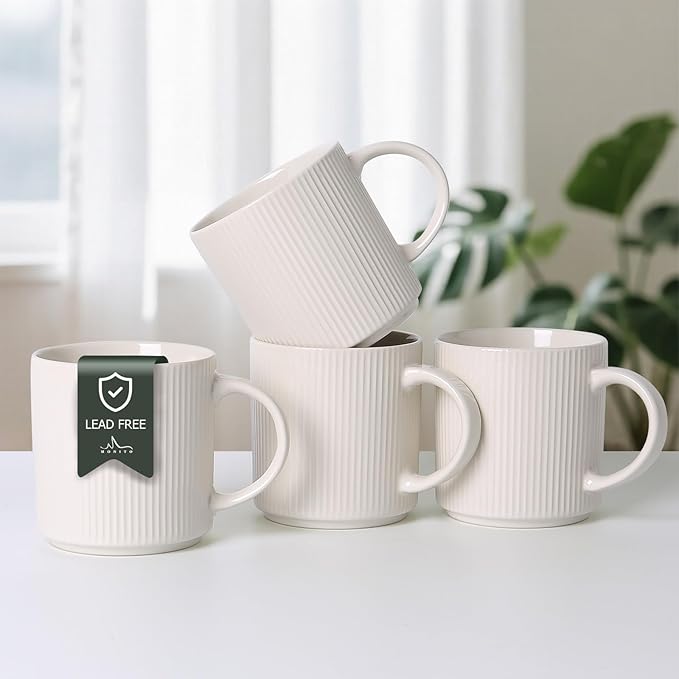 MONITO 16Oz Coffee Mugs Set of 4, Rustic Ceramic Coffee Cups Set with Large Handle, Vintage Striped Stoneware Coffee Mugs for Latte, Cocoa, Tea, Milk, Microwave & Dishwasher Safe, White by MONITO