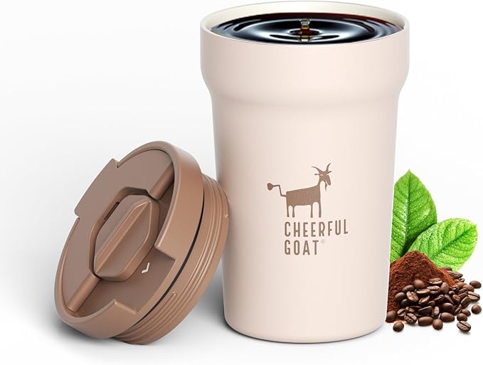 CHEERFUL GOAT Ceramic Lined Coffee Mug – Stainless Steel Travel insulated Tumbler with Ceramic Liner, with lid 12oz Leak Proof Cup for Hot and Cold Water Coffee at Home, Office, or In the Car (Coffee) by CheerfulGoat