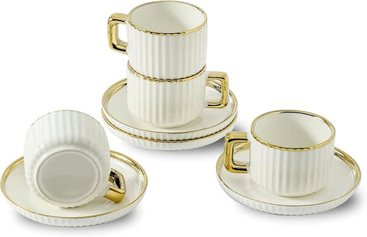 LETAOTAO Espresso Cups Set of 4, 3oz Espresso Cups and Saucers | Ceramic Coffee Cups with Gold Trim, Stackable Mini Demitasse Mugs for Espresso, Cappuccino,Latte, Americano and Tea by LETAOTAO