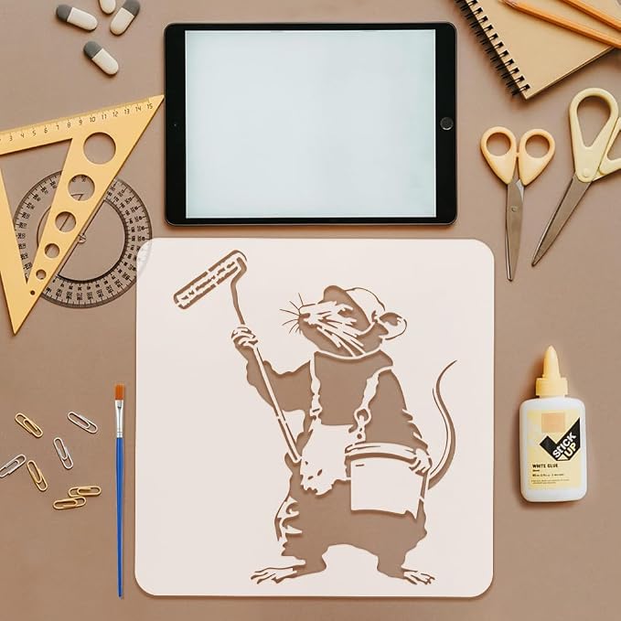 FINGERINSPIRE Banksy Mouse Stencil for Painting with Brush 11.8x11.8inch Reusable Mouse Holding Paint Roller Template Hollowed Rat Carrying Paint Bucket Stencil Plastic PET Banksy Theme Template - Image 3