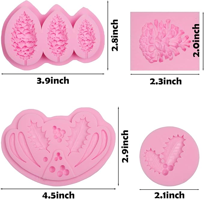Christmas Holly Leaves Fondant Silicone Molds, Pinecone Chocolate Molds for Cake Decoration Cupcake Topper Candy Sugar Craft Gum Paste Resin