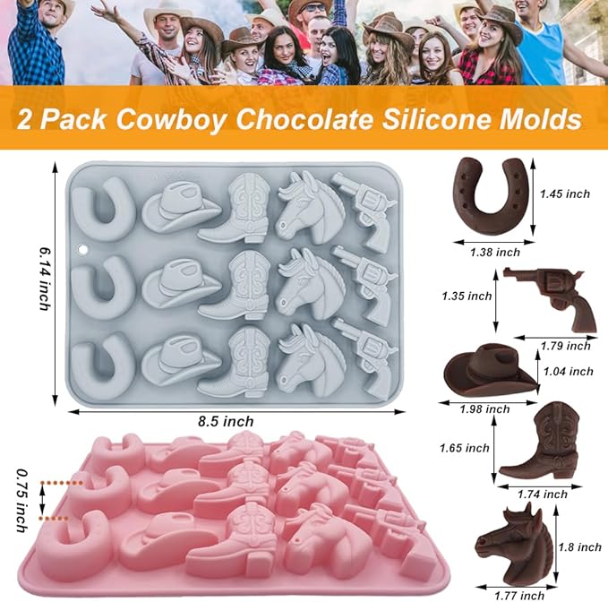 2 Pack Cowboy Chocolate Silicone Molds 3D Western Themed Baking Mould Tray DIY Baking Tool with Cowboy Hat, Boot & Horse for Chocolate Cake Dessert Candy Mousse Pastry Handmade Soap Cupcake Topper