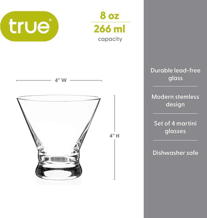 True Stemless Martini Glasses, Set of 4, 8 oz Modern Cocktail Glasses for Martinis, Manhattans, Cosmopolitans, Cocktail Glass Set, Dishwasher Safe, 8 oz, Set of 4 - Image 3