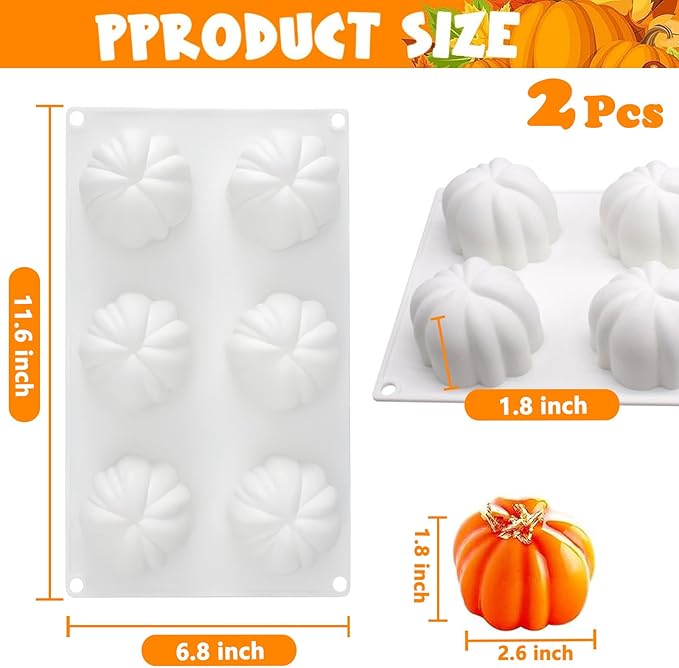 2Pcs 3D Pumpkin Silicone Mold Halloween Thanksgiving Fall Cupcake Baking Pan Mousse Tray Molds for Chocolate Pastry Jelly Soap