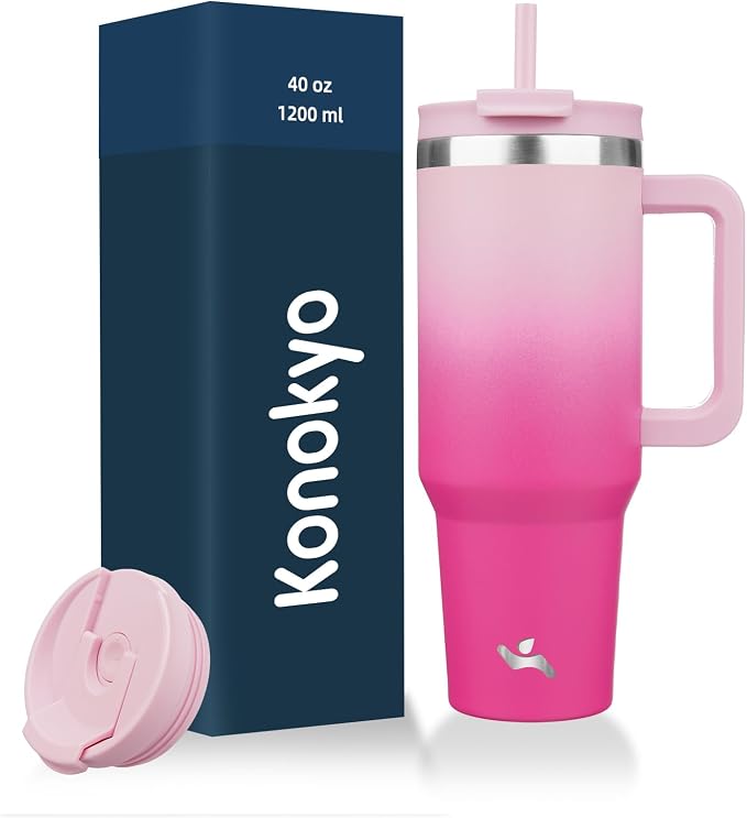 Konokyo 40 oz Insulated Tumbler Water Bottle with Handle, Straw Lid | BPA-free and dishwasher safe; made for gym, travel, coffee and gifting, 2 straws, cup holder friendly,Cherry Blossoms by Konokyo