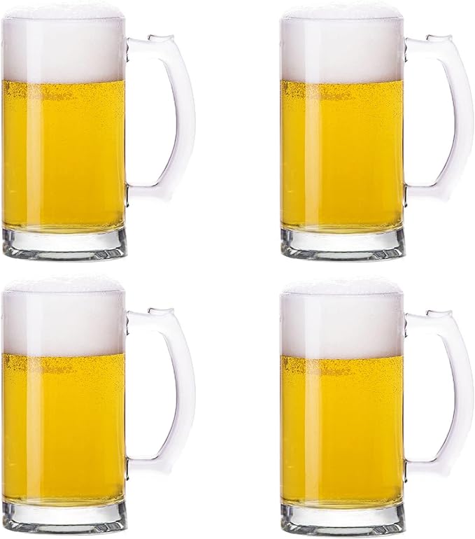Heavy Beer Mugs Set, 16oz Glass Mugs With Handle, Beer Glasses For Freezer, 500ml Beer Drinking Glasses, Traditional Stein For Bar, Alcohol, Beverages,Coffee, Teas, Set of 4