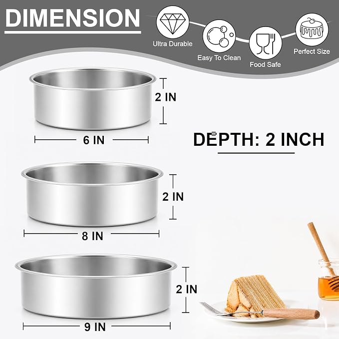 Leonyo 6"-8"-9" Baking Pans Set, Stainless Steel Round Cake Pans, 2In Deep | Bake a multi-layer cake — perfect for celebrating weddings, birthdays, housewarmings, and graduations - Image 2
