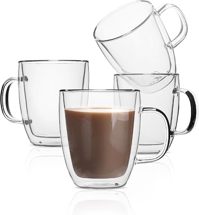BTaT- Insulated Coffee Mug, Large, Set of 4 (16oz, 500ml), Double Wall Glass Coffee Cups, Glass Coffee Mug, Christmas Gifts