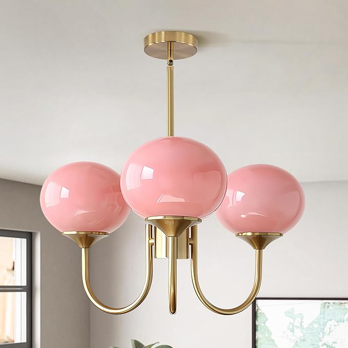 Pink Globe Chandelier for Girls Room Mid Century Modern 3 Light Pendant Lights Vintage Gold Semi Flush Dining Room Light Fixture Retro Pink Ceiling Lamp by FlyRose