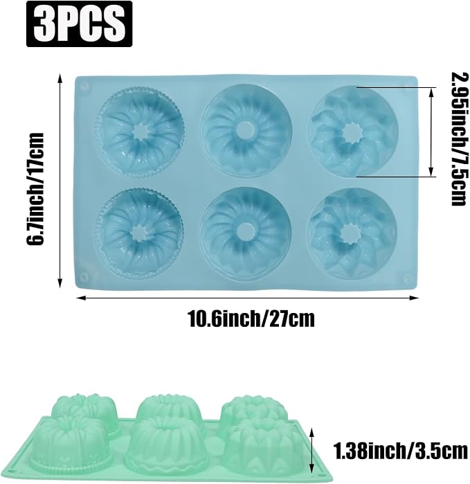 3 Pcs Mini Fluted Tube Cake Pan, 6-Cavity Silicone Non-Stick Small Cake Baking Mold for Cupcakes Cornbread Brownies Donuts Jello(Style3) - Image 2