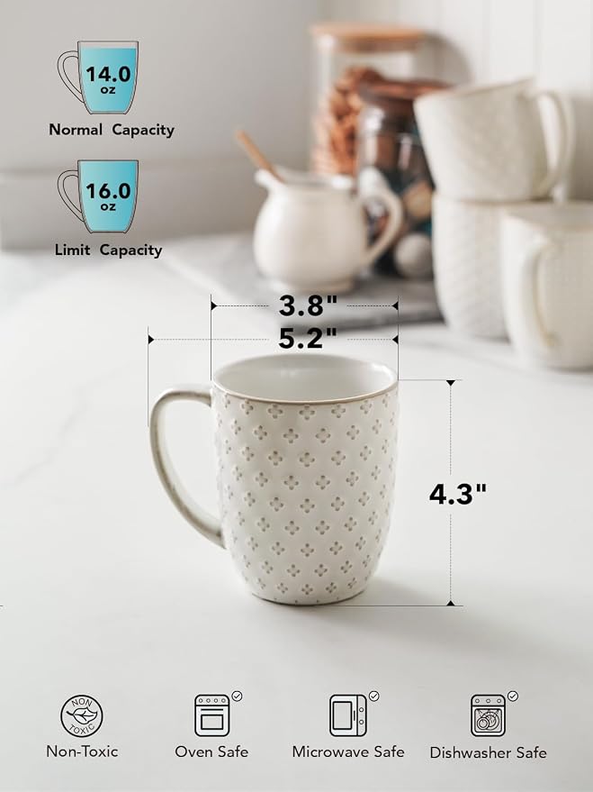 LE TAUCI Coffee Mugs 16 oz,Ceramic Mug Set, Embossment Cups for Latte, Hot Tea, Cappuccino, Mocha, Cocoa, Dishwasher Safe, Suit For Housewarming Wedding- 3.8 inch, Set of 4, Arctic White - Image 4