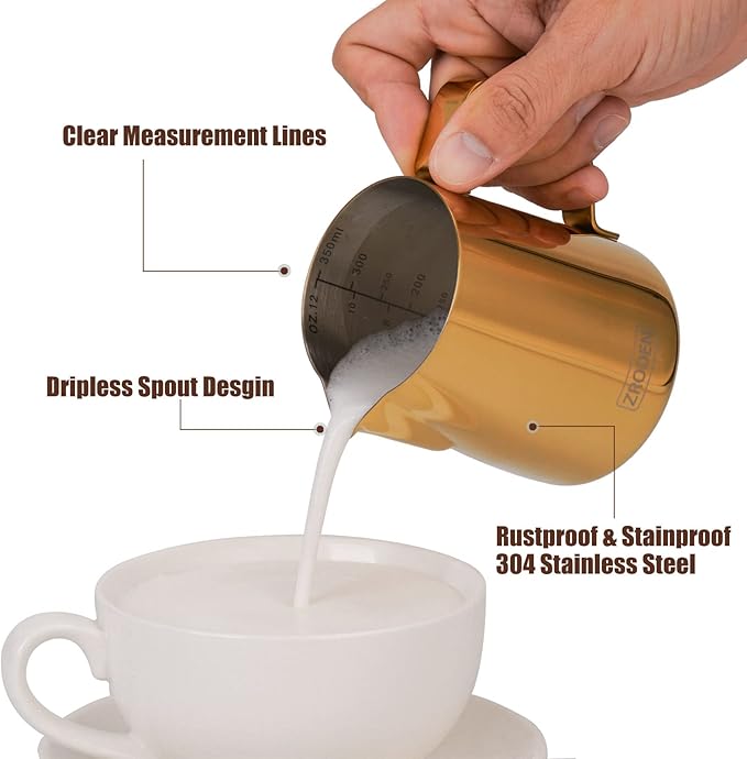 Milk Frothing Pitcher, 20oz Espresso Steaming Pitchers Stainless Steel Milk Coffee Cappuccino Barista Steam Pitchers Milk Jug Cup with Decorating Pen Latte Art, Gold