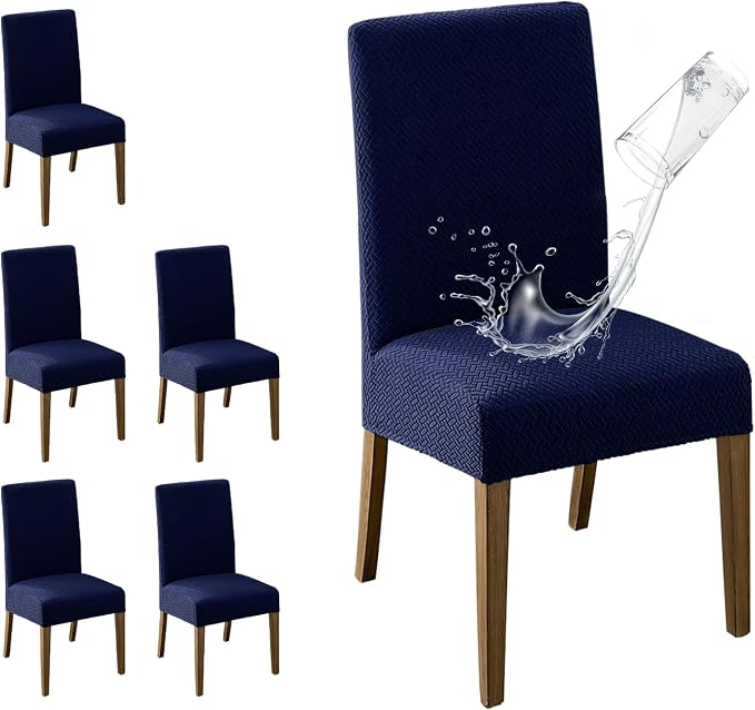 MOSAYT 100% Waterproof Dining Room Chair Covers Set of 6, Super Fit Stretch Jacquard Parson Chairs Slipcovers Removable Washable Chair Seat Protectors for Home, Kitchen, Banquet (Navy Blue) by MOSAYT