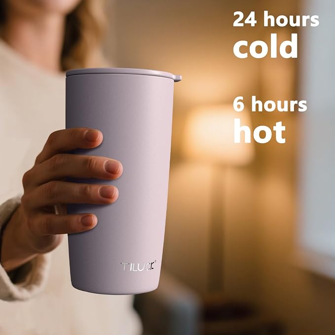 TILUCK 20 oz Insulated Coffee Tumbler with BPA-Free Lid | Travel Coffee Mug, Dishwasher Safe, Cup Holder Friendly,Double-Wall Vacuum Insulation for Hot & Cold Drinks, MatteLightPurple - Image 3