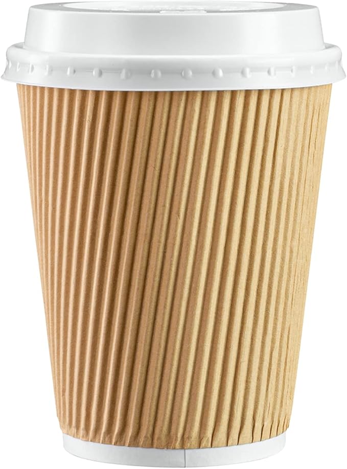 GUSTO Comfy Package [12 oz. - 50 Sets] Insulated Kraft Ripple Paper Hot Cups, Disposable Coffee Cups With Lids - Ideal for Hot Beverages, Travel, and Office Use
