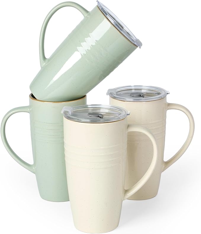 famiware Jupiter Large Coffee Mug, 20oz Coffee Mug with Lid, Ceramic Mugs Set of 4, Cup Set with Handle for Latte, Tea, Cocoa, Milk, Microwave and Dishwasher Safe, Light Green and Vanilla White by Famiware