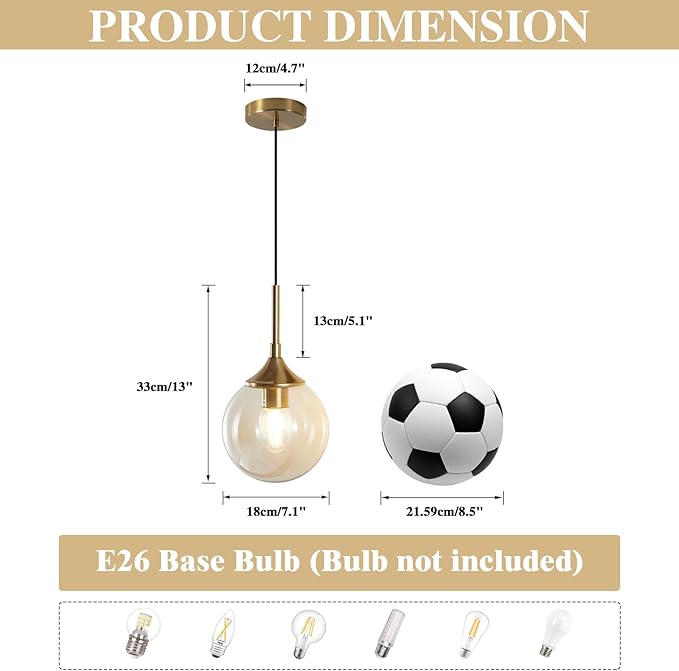 KCO Lighting Mid Century Modern Gold 7.1” Amber Glass Globe Pendant Light | Adjustable E26 Hanging Lamp for Sloped Ceilings, Small Single Ceiling Light for Kitchen Island Bedroom Dining Room Bathroom - Image 2
