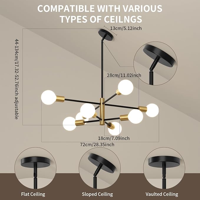 Sputnik Chandeliers Moderna Light Fixture, 8 Lights Black and Gold Mid Century Ceiling Chandelier, Height Adjustable for Living Room, Kitchen, Dining Room, Bedroom,Foyer - Image 4